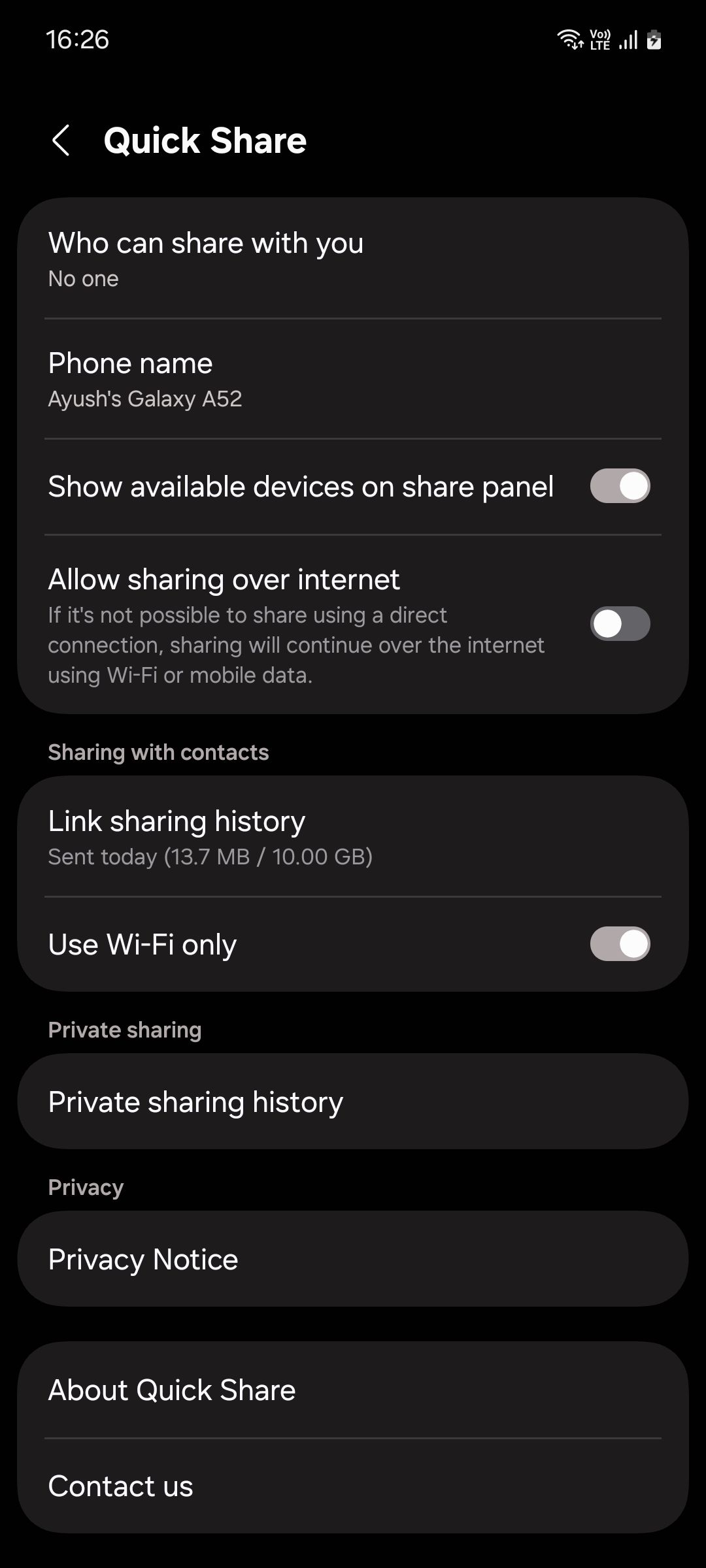 Меню Quick Share в One UI 6.1 с настройками и историей ссылок