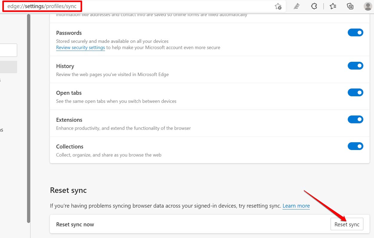 Сброс синхронизации в Edge