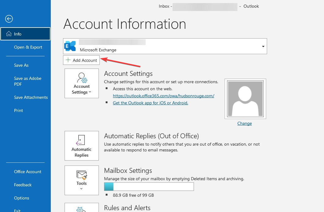 Botão adicionar conta no Outlook