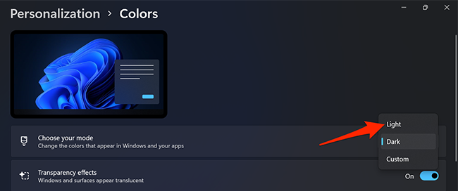 Выберите «Светлый» в Параметрах Windows 11.