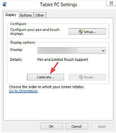 Кнопка Калибровать в Параметрах планшетного ПК