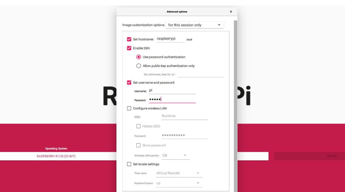 An image showing advanced settings on raspberry os install with raspberry pi imager