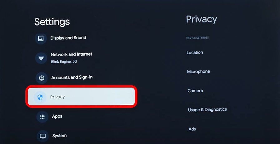 Параметры конфиденциальности Android TV
