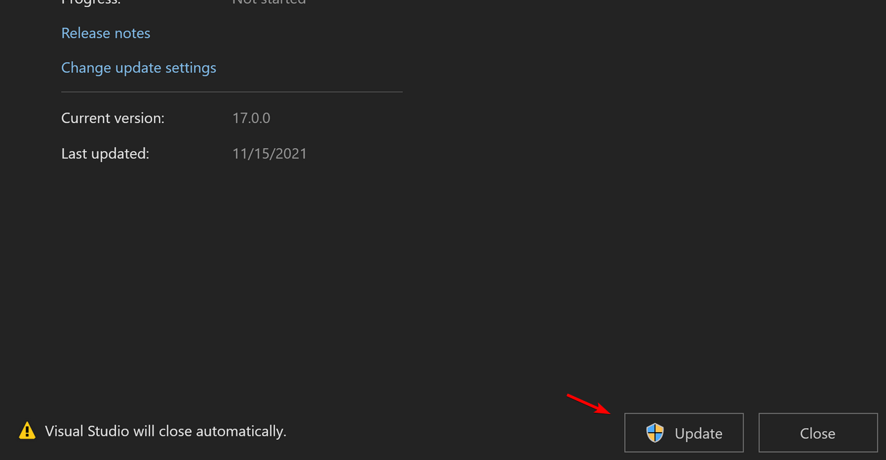 Кнопка Update для установки обновлений Visual Studio