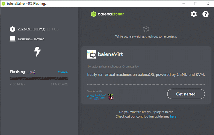 Balena Etcher: процесс записи