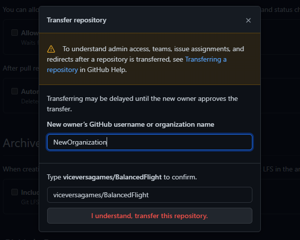 Подтверждение переноса с вводом названия репозитория.