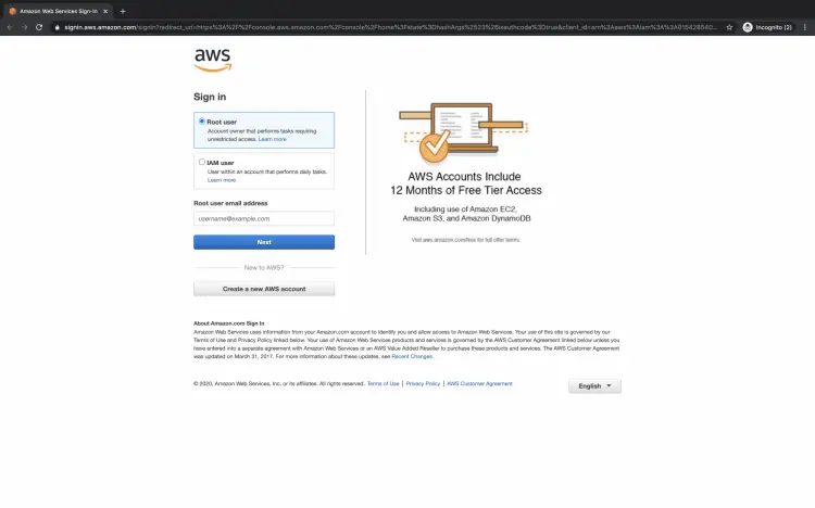 Страница входа в AWS с формой авторизации