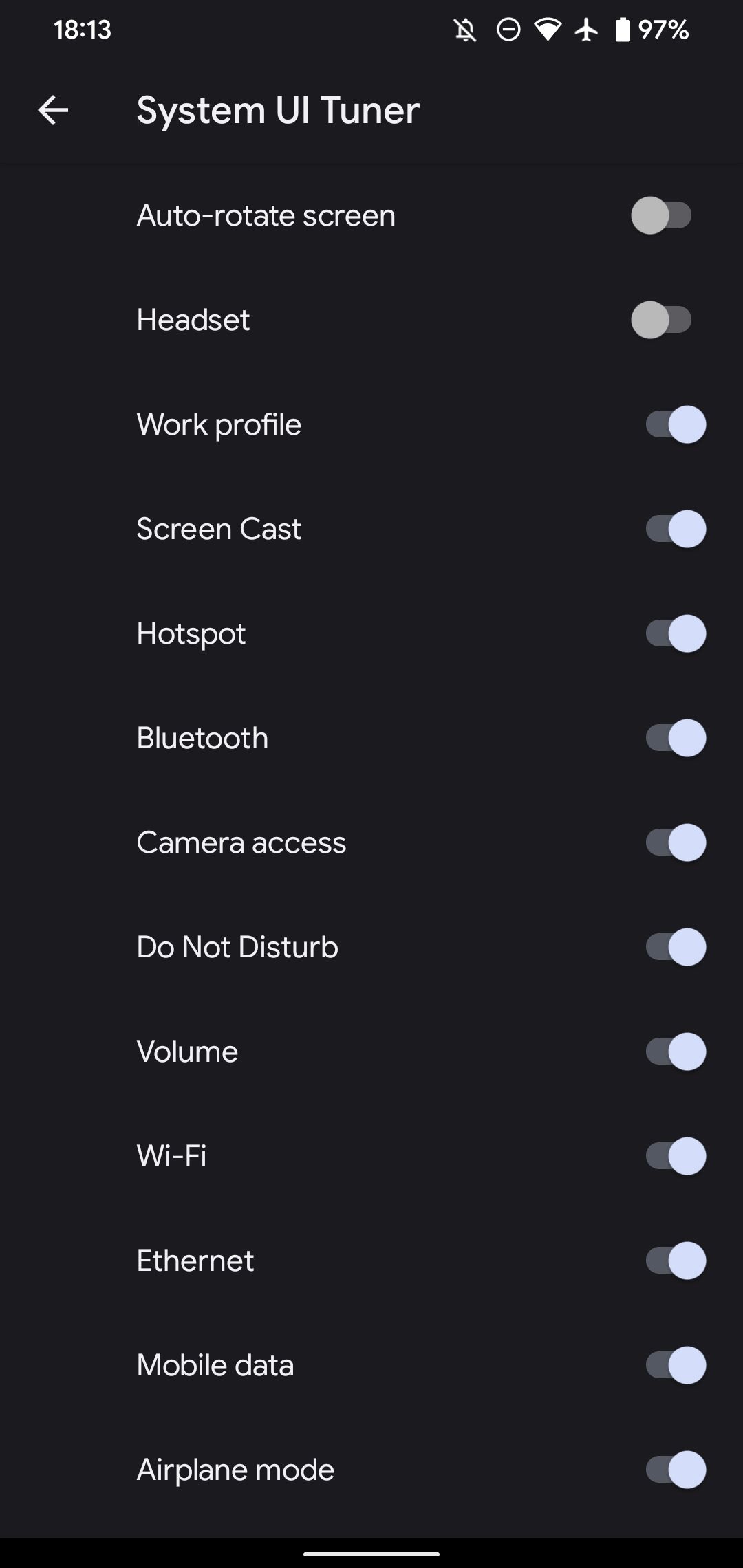 Меню System UI Tuner с иконками строки состояния