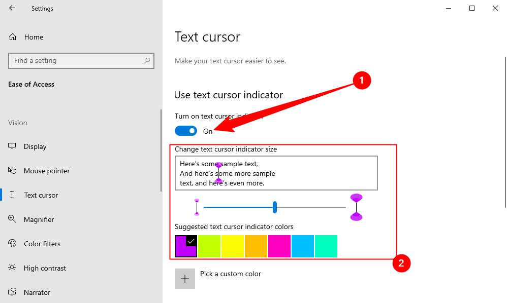 Настройка цвета индикатора текстового курсора. 