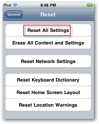 Экран настроек iOS: Сброс всех настроек