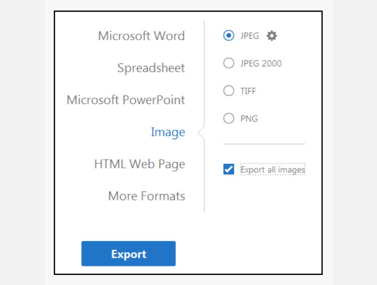 Интерфейс Adobe Acrobat с опциями экспорта изображений