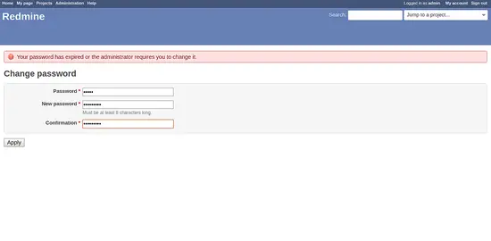 Изменение пароля администратора Redmine