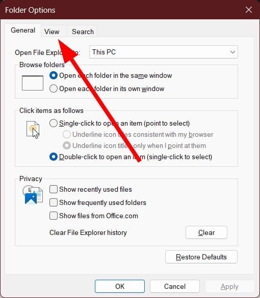 Вкладка «Вид» в параметрах папок