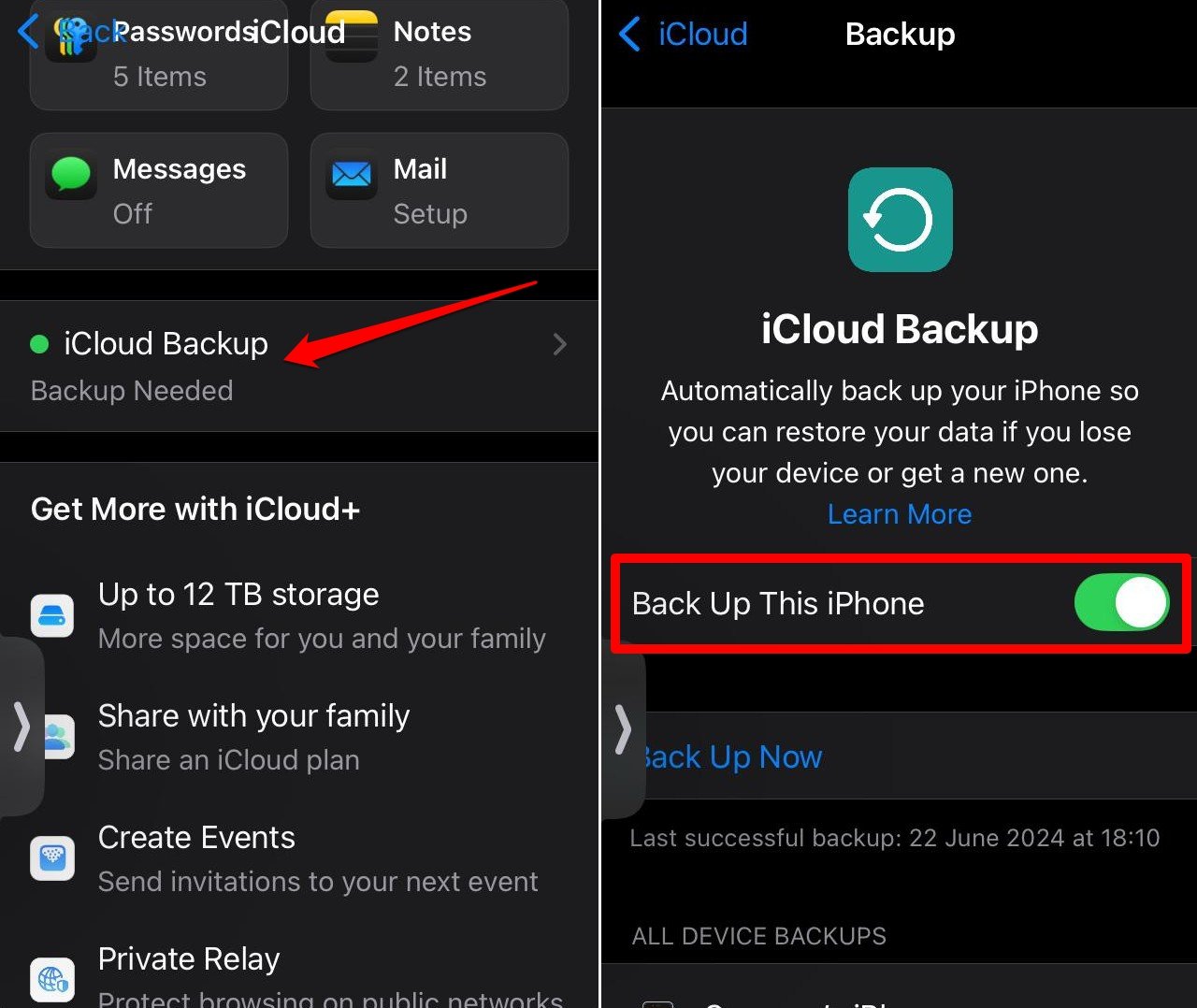 Включение резервного копирования iCloud и кнопка Сделать резервную копию сейчас