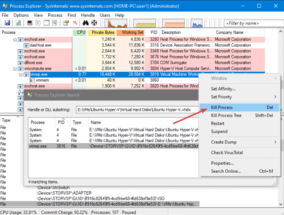 Process Explorer: завершение процесса Vmwp.exe