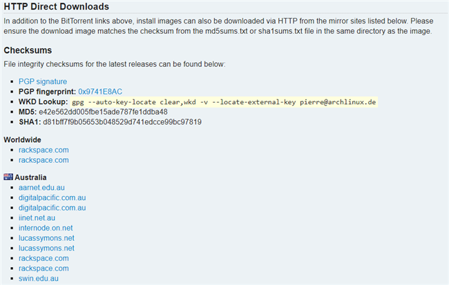 Страница прямых загрузок Arch Linux