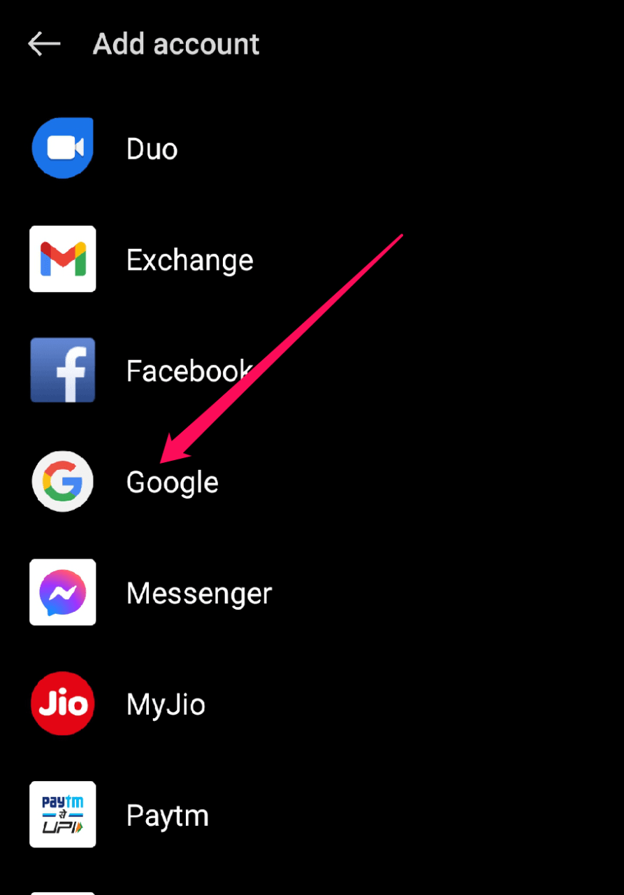 Экран добавления аккаунта Google