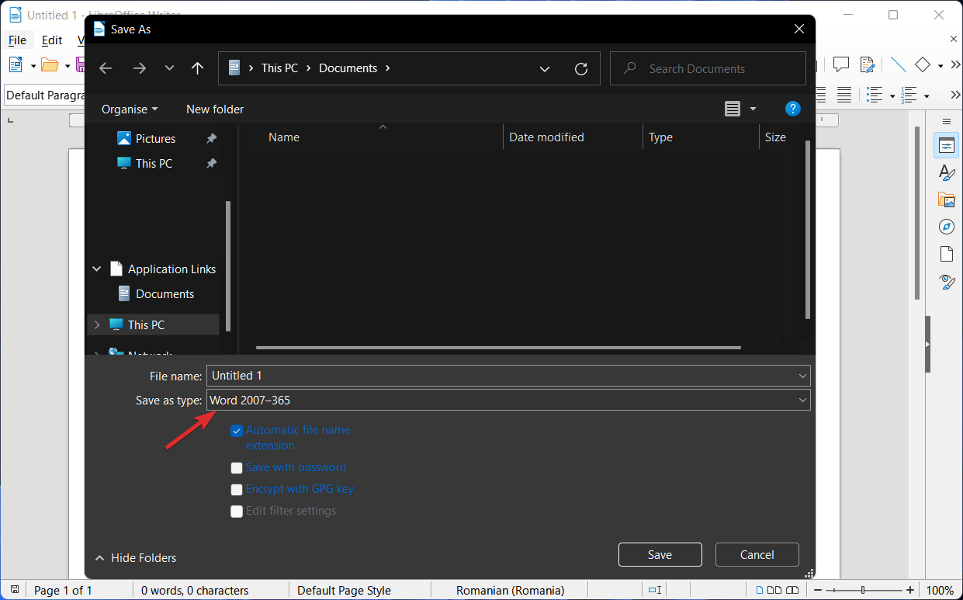 Пример интерфейса LibreOffice Writer и выбора формата сохранения