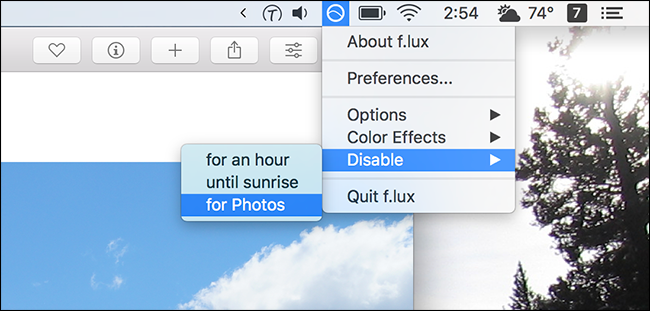 Интерфейс приложения f.lux с настройками и быстрыми переключателями