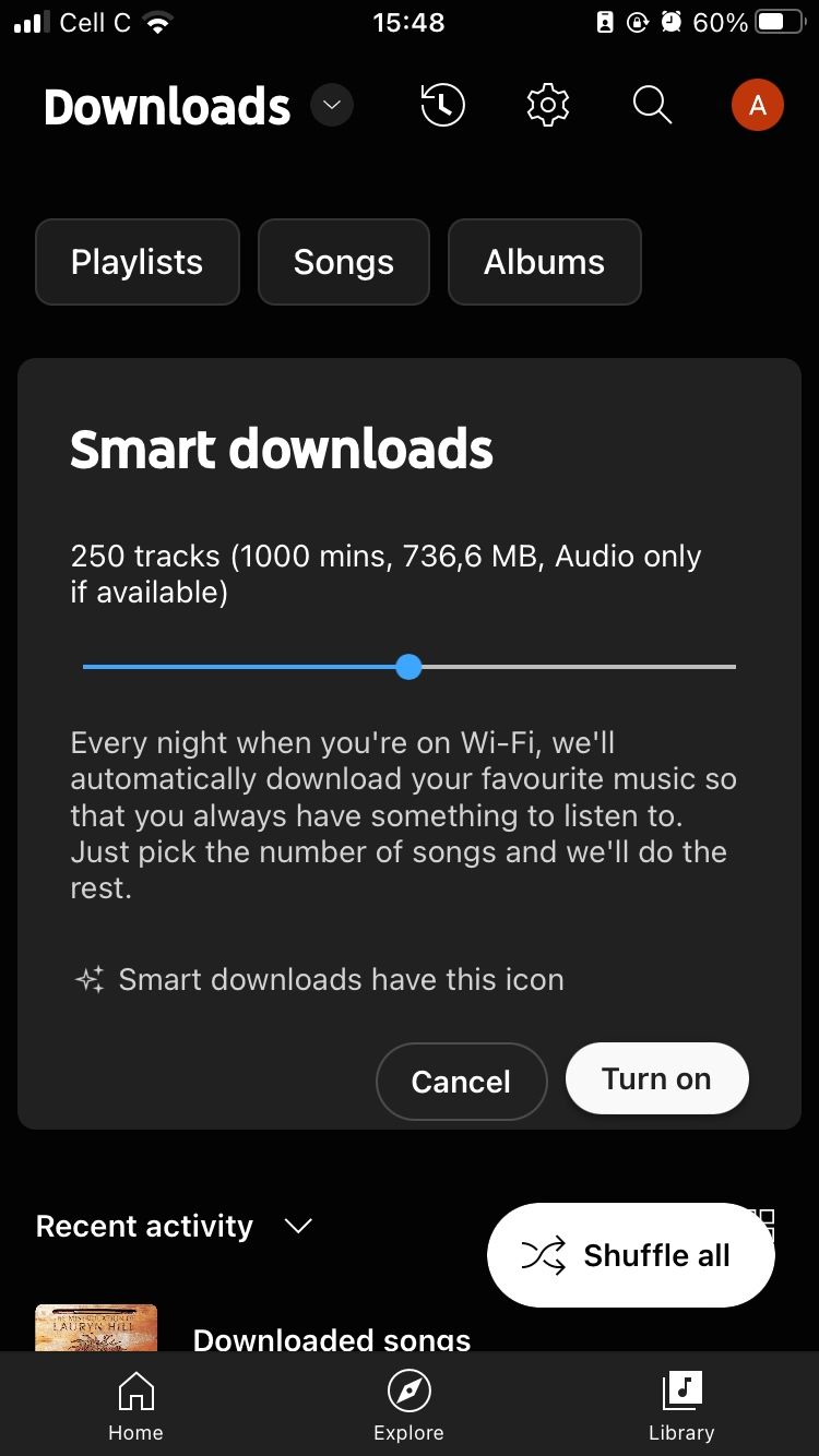 Экран функции Smart Downloads в приложении YouTube Music на iPhone