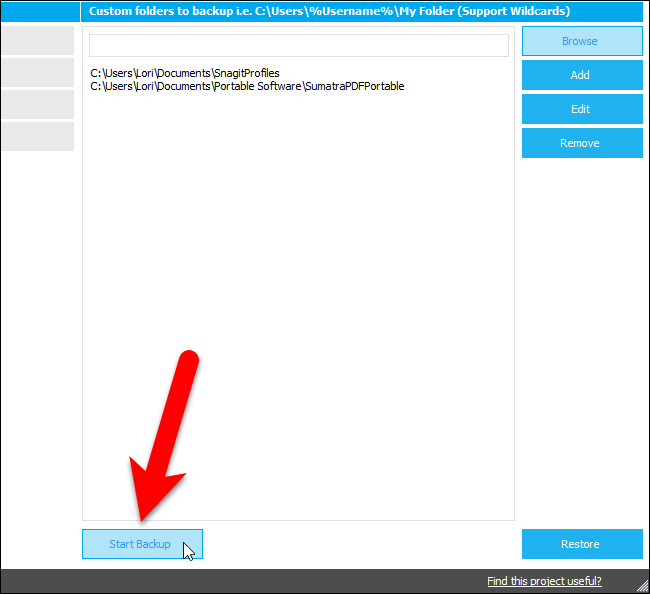 Запуск резервного копирования пользовательских папок