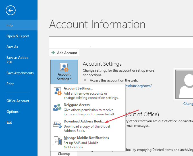 Кнопка загрузки адресной книги в Outlook