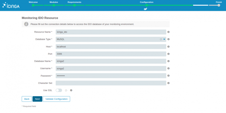 Ввод учётных данных IDO (Icinga DB)