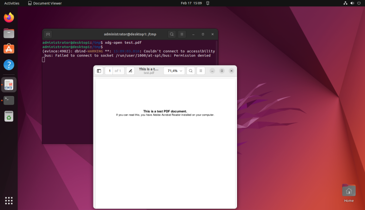 Открытие PDF из командной строки в Linux, показывающий терминал и запущенный просмотрщик