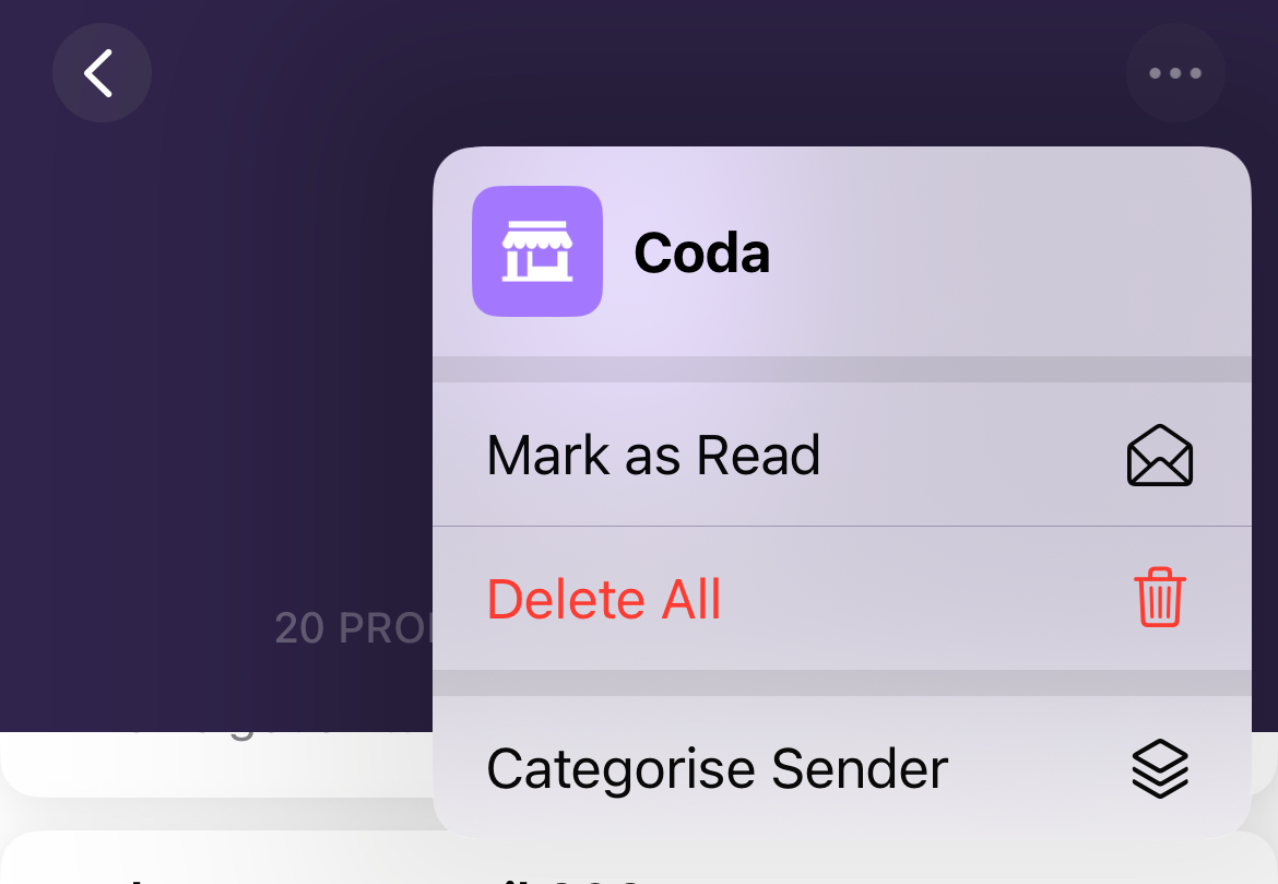 Выбор категории для отправителя в Mail на iPhone.
