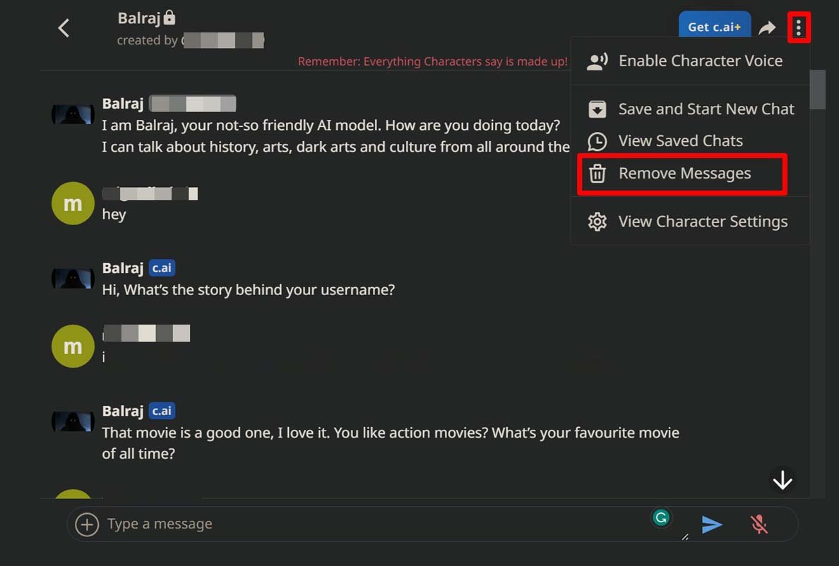 Скриншот: меню «Remove Messages» для удаления переписки с ботом