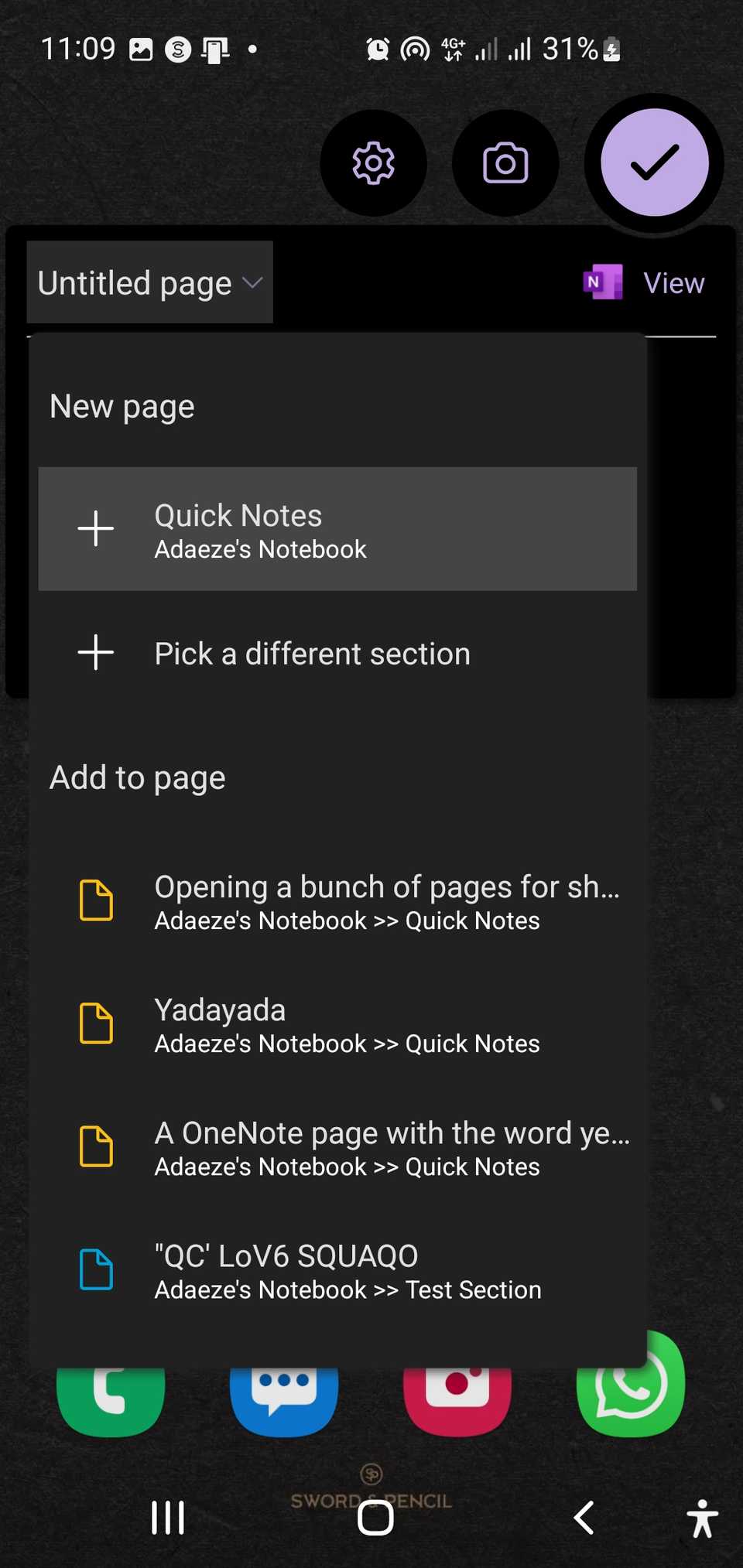 Расширенный выбор страницы через плавающую кнопку OneNote