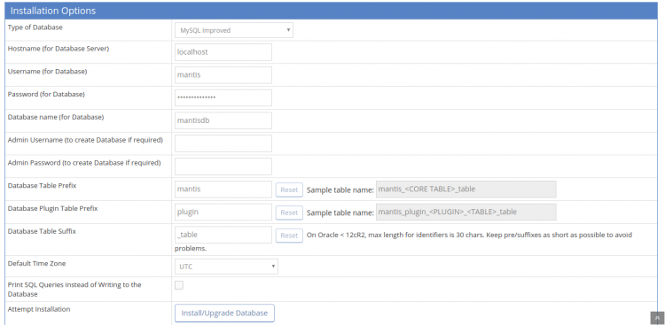 Заполните данные для базы и нажмите Install/Upgrade Database
