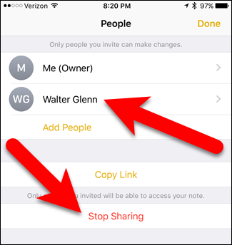 Экран с указанием людей, имеющих доступ к заметке