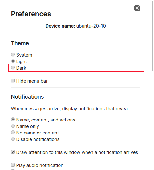 Включение тёмной темы в Signal desktop