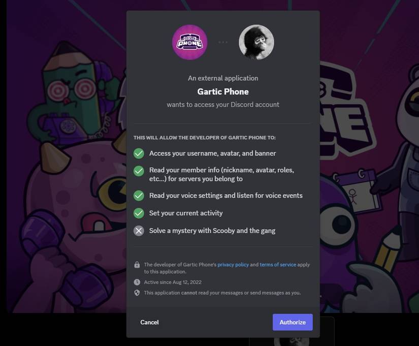 Окно запроса авторизации для активности Discord