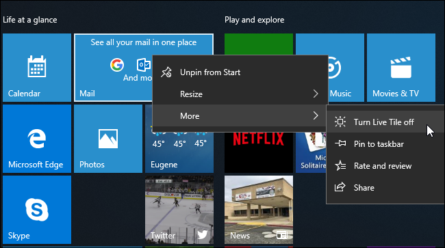 Меню Пуск с контекстным меню плитки, опция Отключить живую плитку выделена