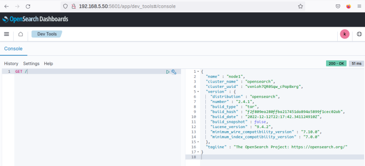 Dev Tools: проверка OpenSearch из Dashboards