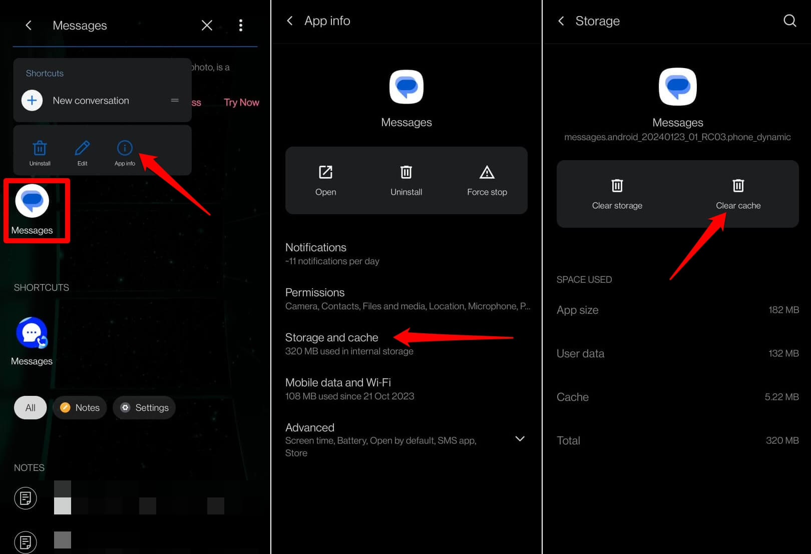 Очистка кэша приложения Messages