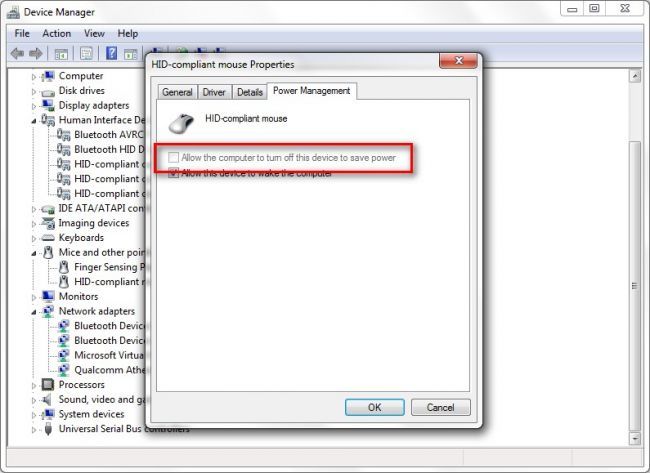 Вкладка управления питанием для устройства в Windows