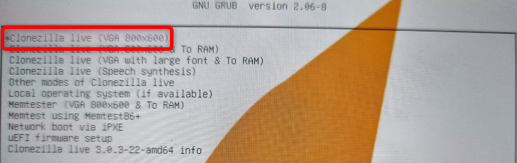 Выберите вариант Clonezilla Live (VGA 800x600)