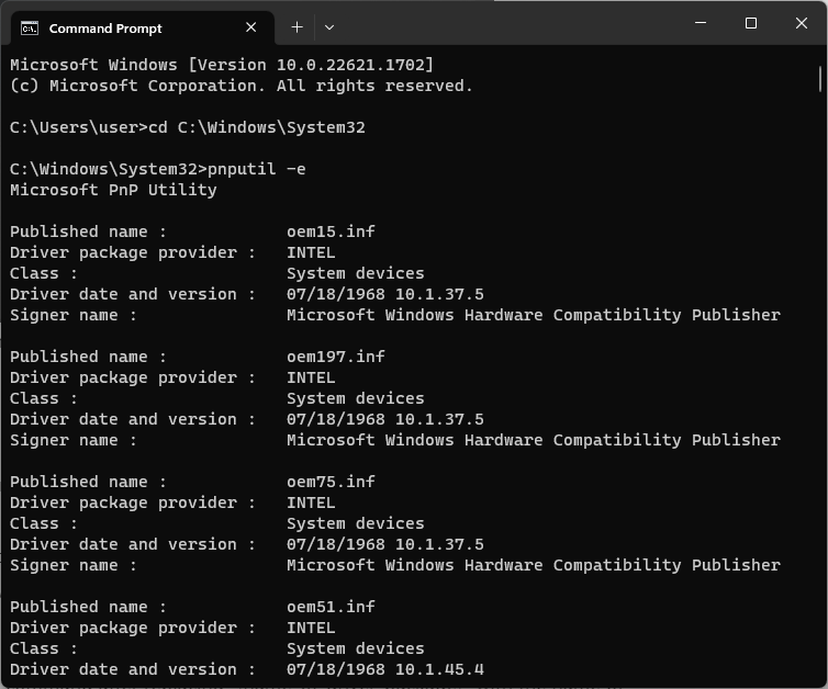 Вывод списка установленных драйверов в командной строке