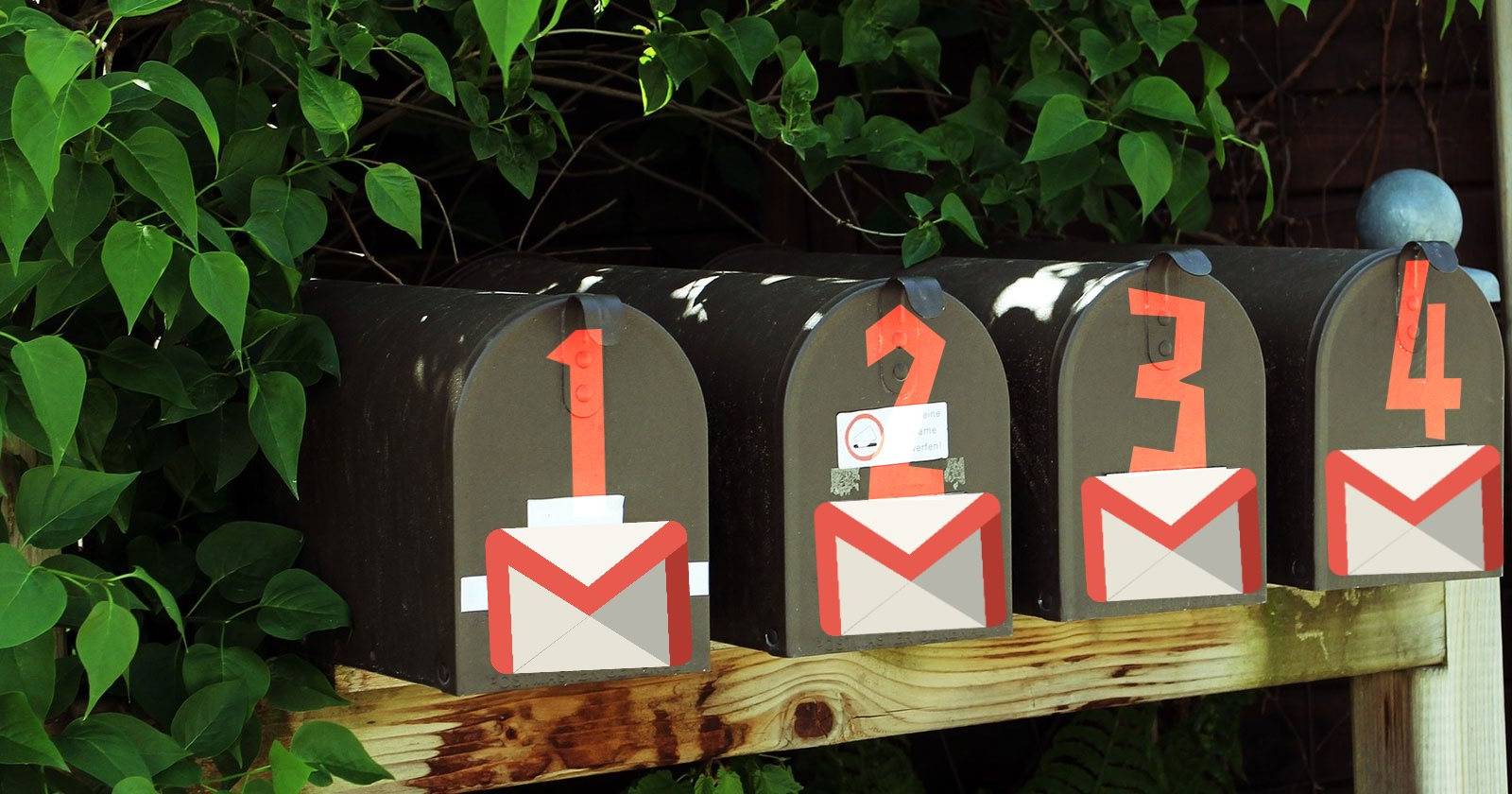 Панорама экрана с несколькими аккаунтами Gmail и метками