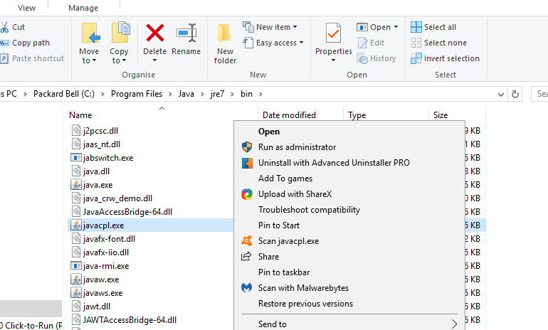Открытие Java Control Panel: запуск javacpl.exe от имени администратора