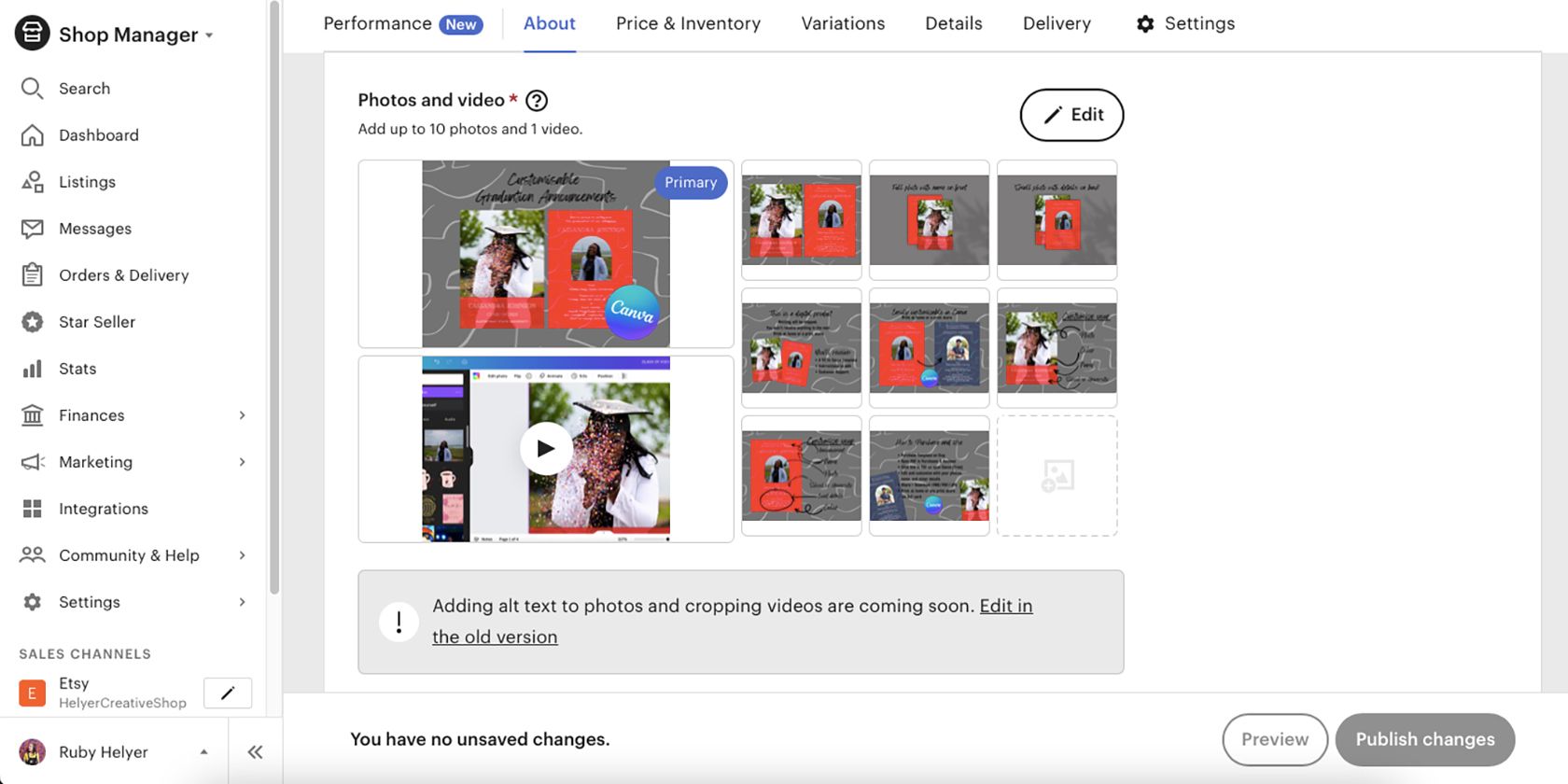 Etsy listing video and images
