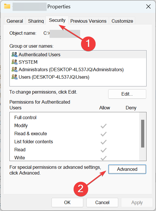 кнопка доп. параметры в свойствах