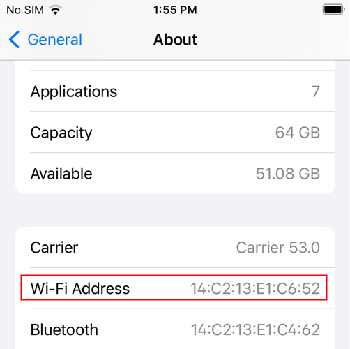 Реальный MAC-адрес устройства iPhone/iPad отображается в About → Wi‑Fi Address.