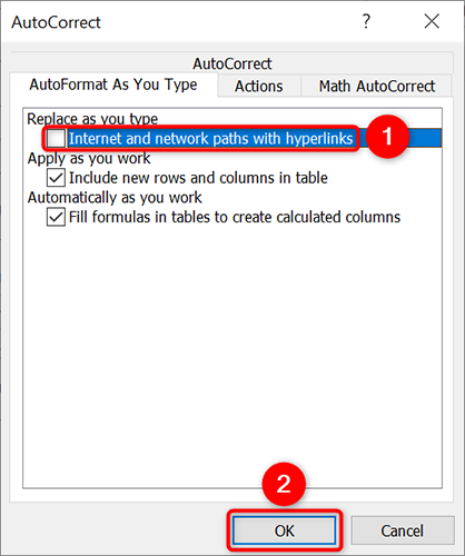 Отключение опции Интернет- и сетевые пути в гиперссылки