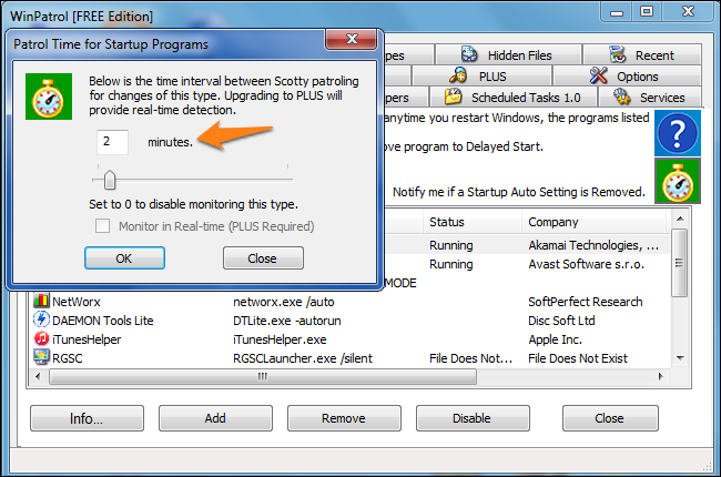 Настройка интервала проверки в WinPatrol