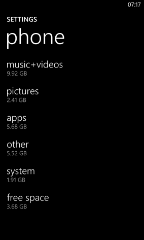 Экран «Память телефона» в Windows Phone 8, индикатор заполненности