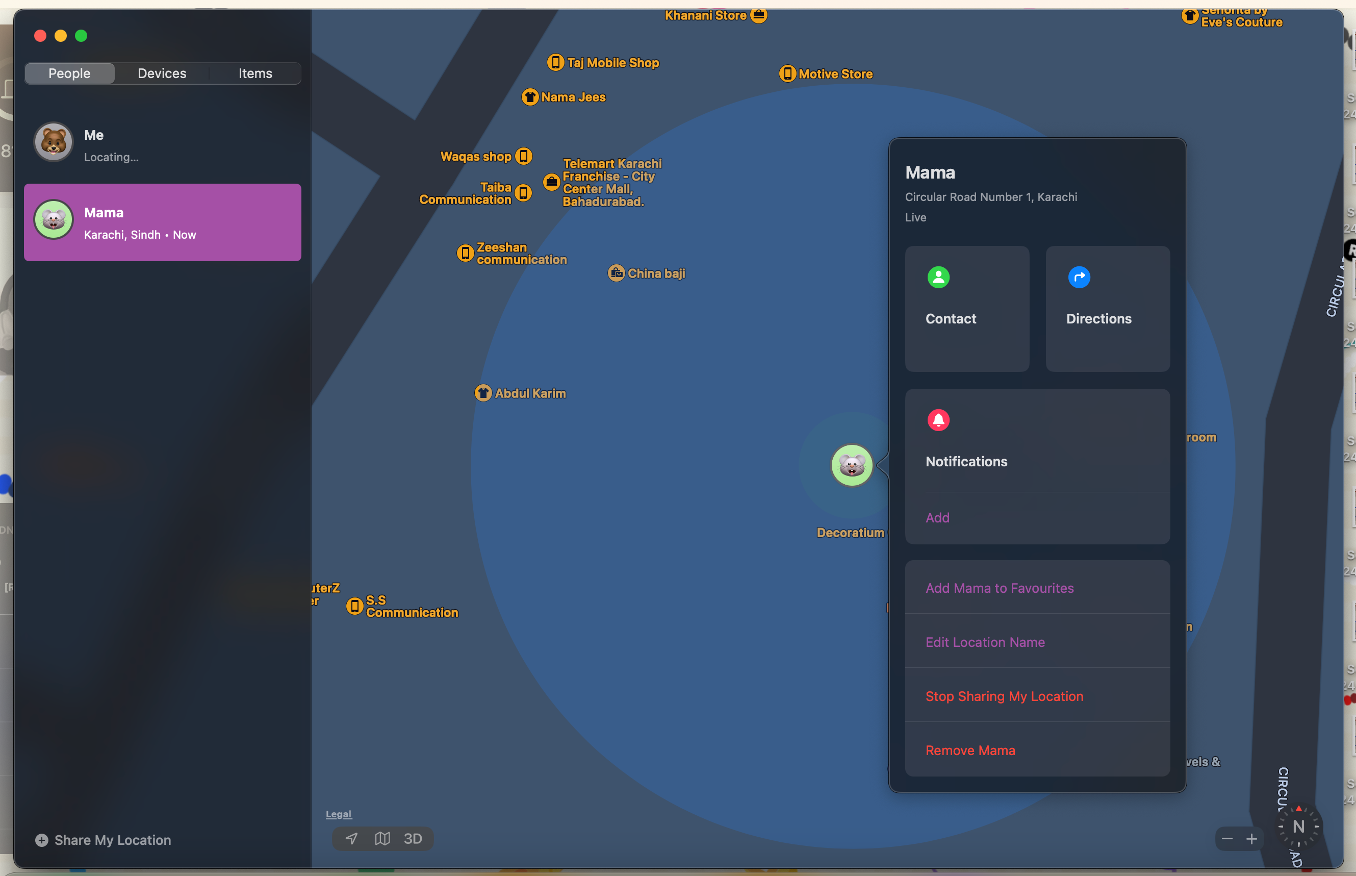 Меню с опциями для контакта в Find My на Mac
